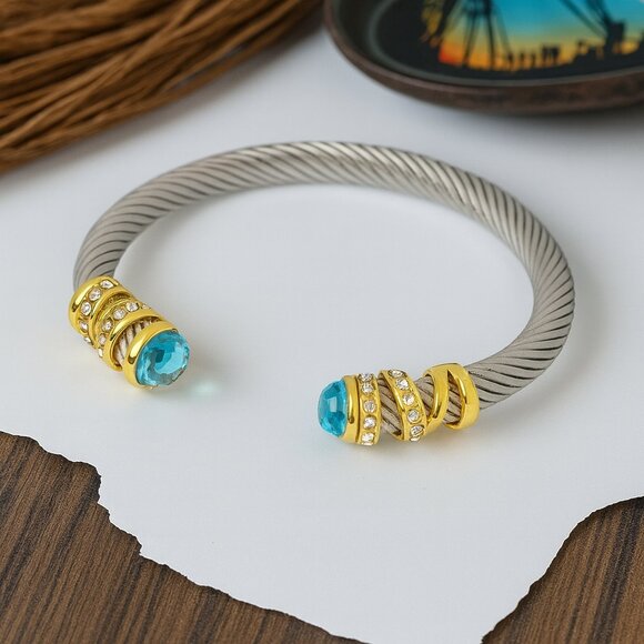 🆕️18k Gold Plated Cable Cuff Bracelet 💎 Turquoise Crystals ✨➕️ FREE Earrings - Picture 1 of 10